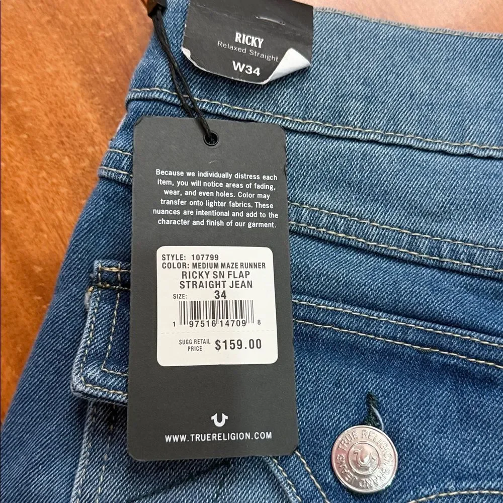 NWT True Religion Men's Ricky Straight Flap Jeans  Medium Maze Runner size 34‎
